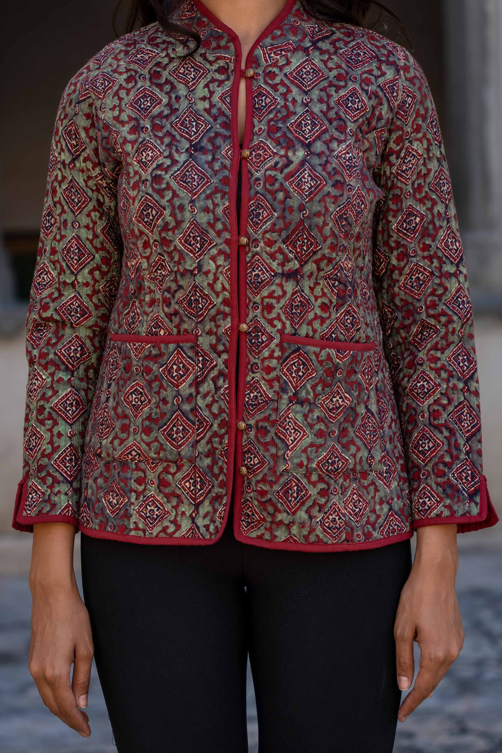 Ajrakh Red Reversible Block Printed Quilted Jacket