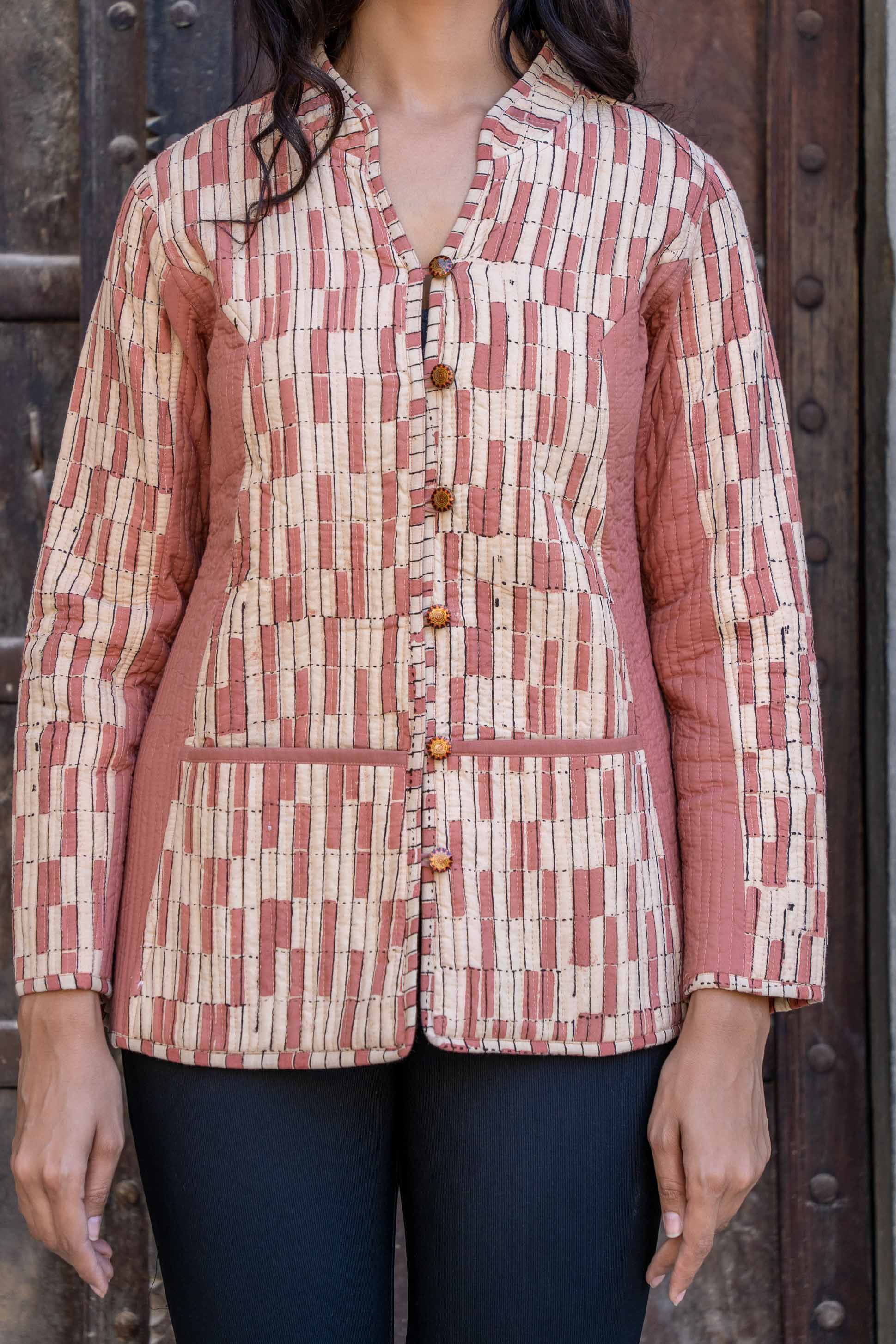 Peach Pink Kalmakari Reversible Cotton Quilted Jacket