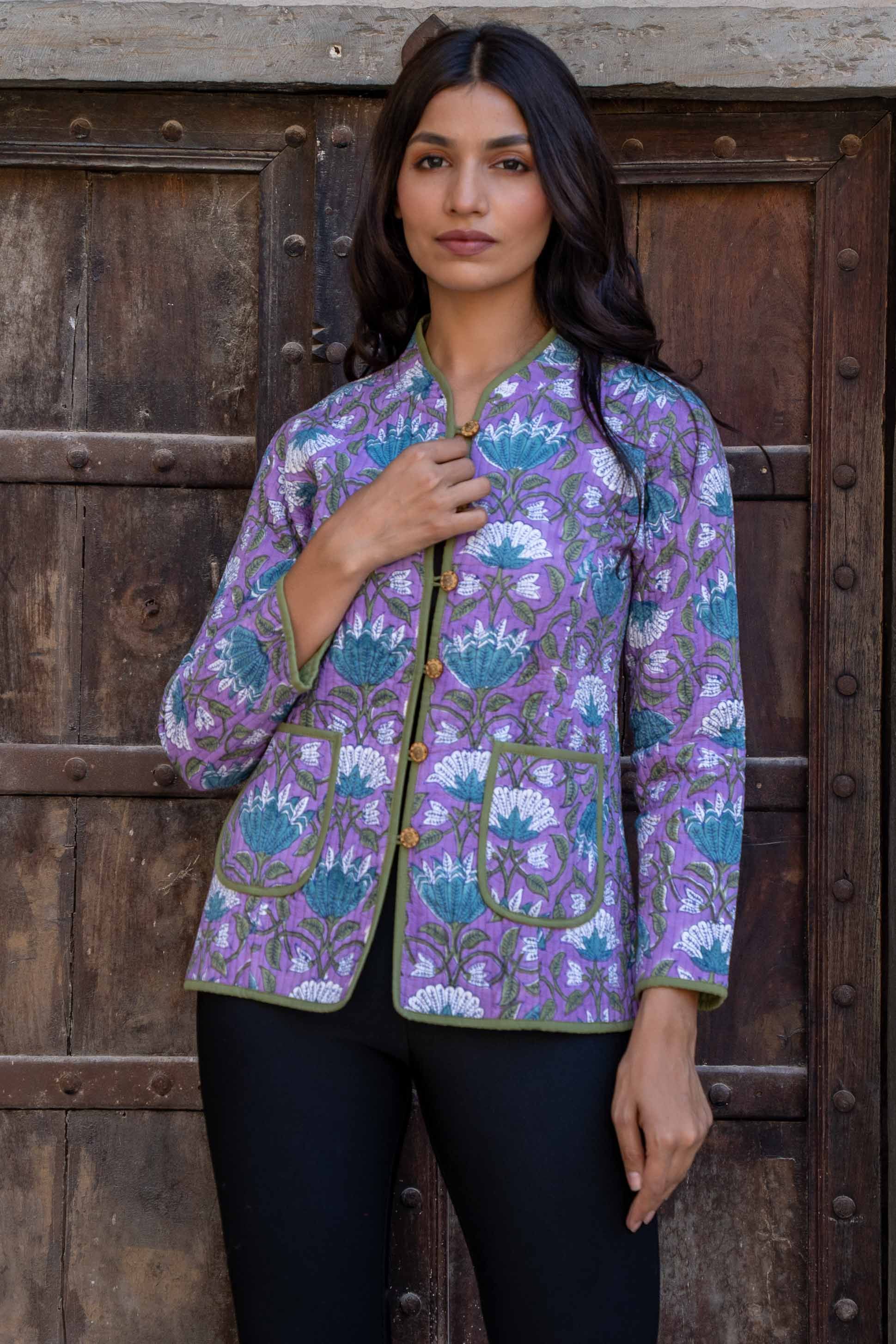 Violet Floral Reversible Block Printed Quilted Jacket
