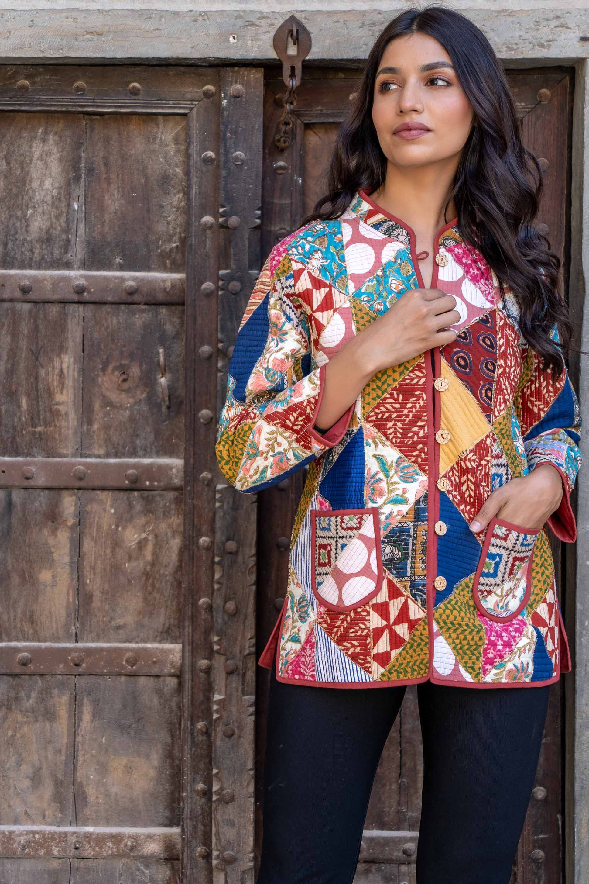 Multicolor Patchwork Block Printed Quilted Jacket