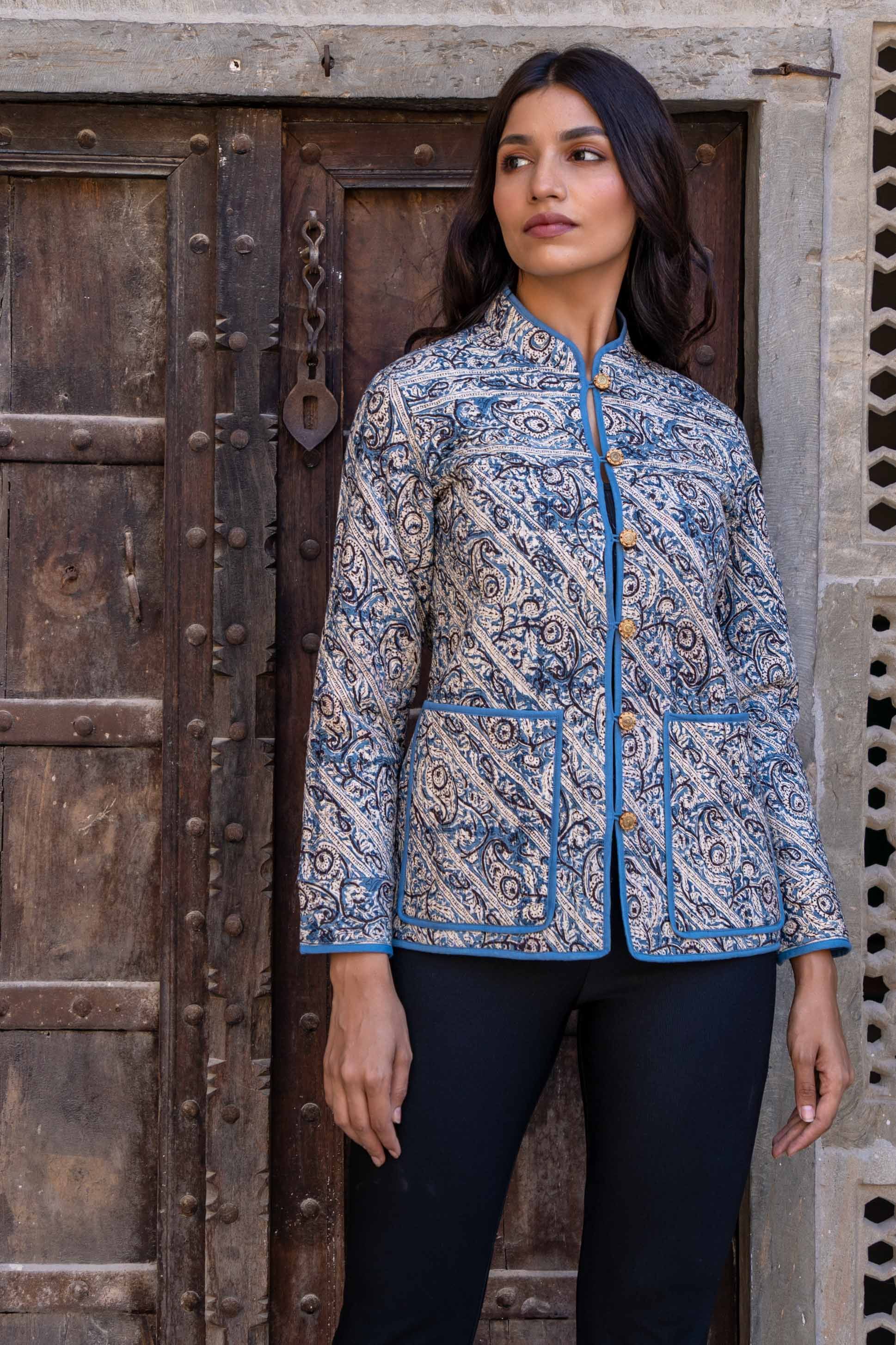 Blue Kalamkari Reversible Cotton Quilted Jacket