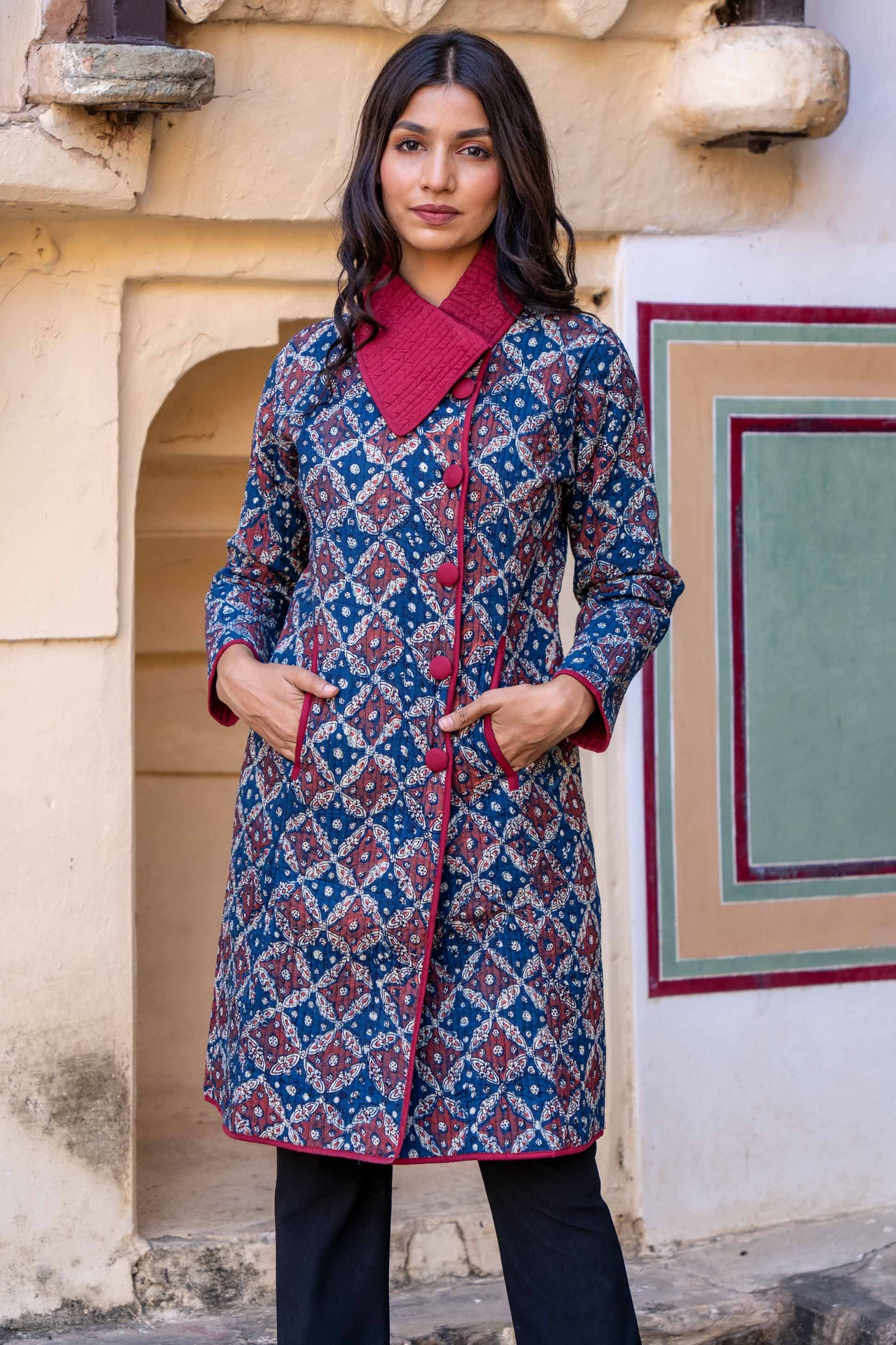 Ajrakh Blue Block Printed Quilted Bukhara Coat