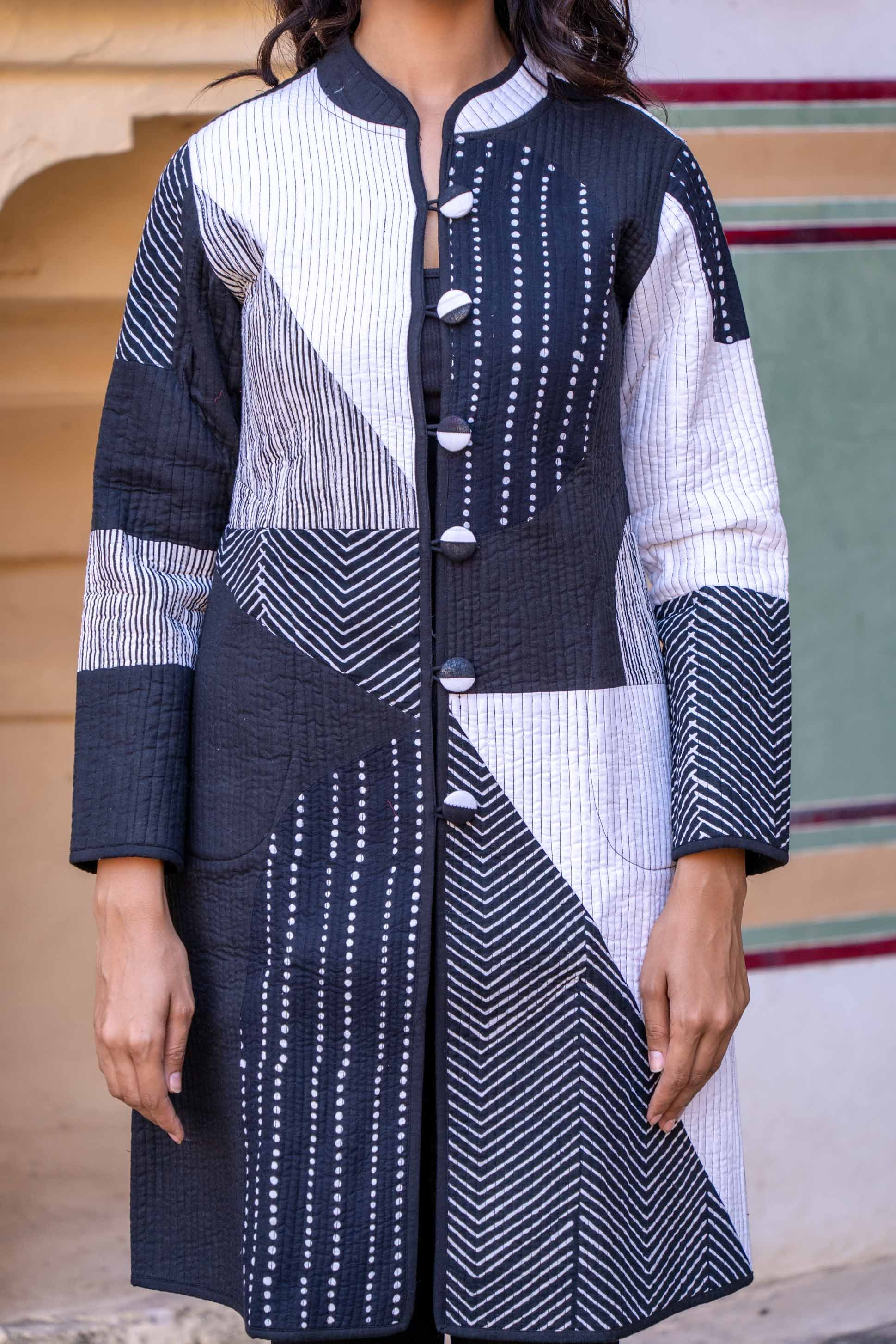 Black White Patch Work Quilted Long Coat