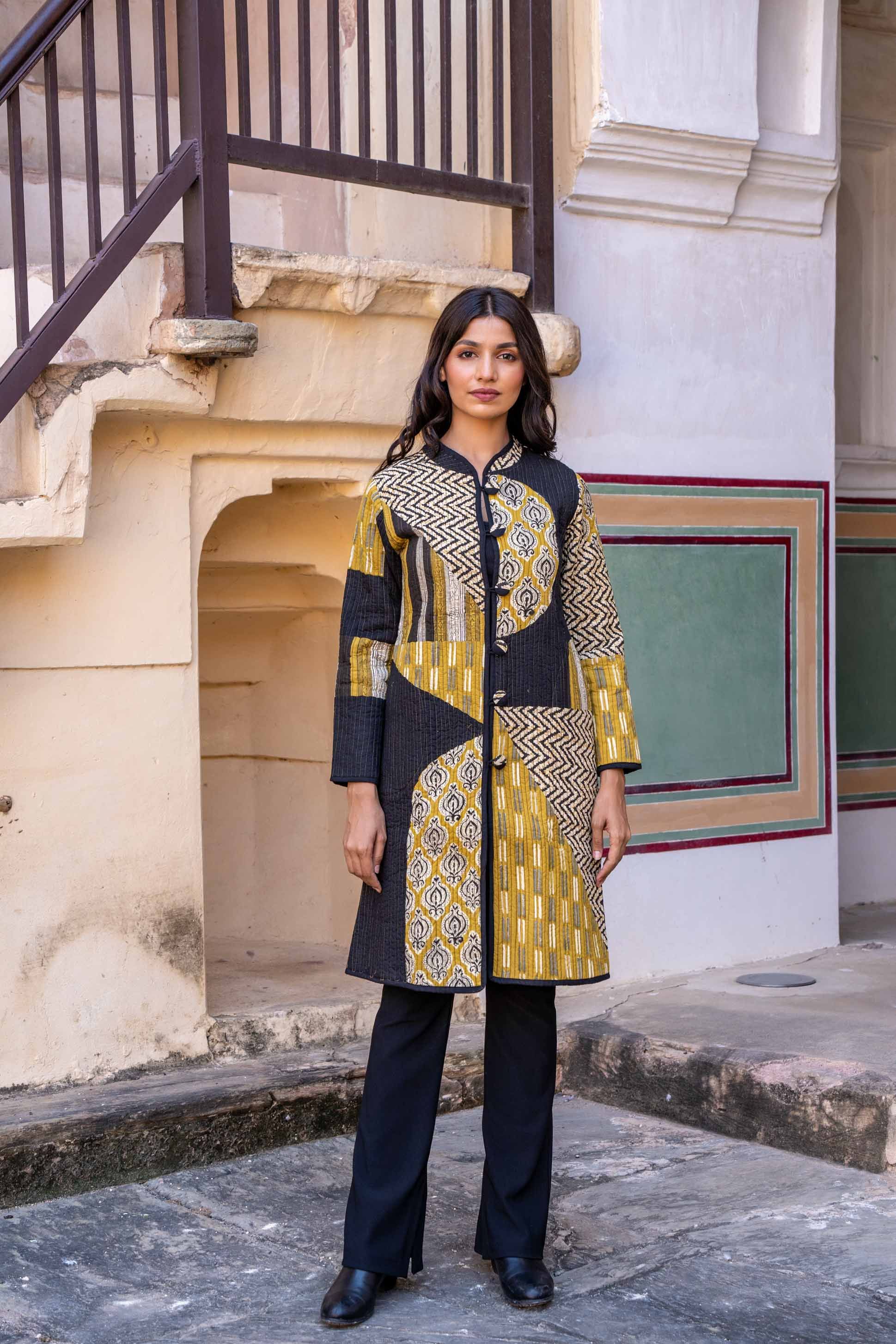 Bagru Mustard Patch Work Quilted Long Coat