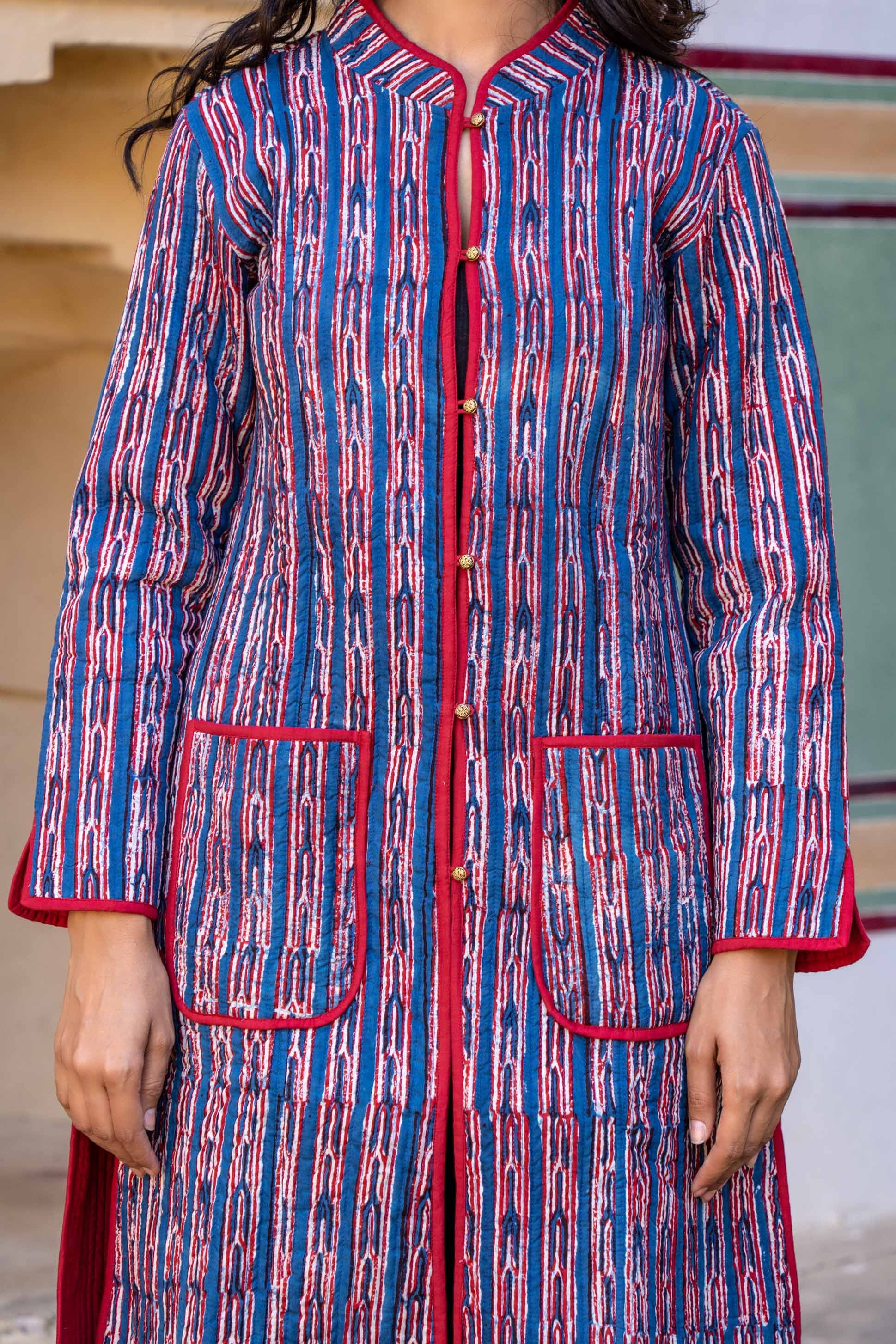 Blue Red Reversible Block Print Quilted Coat