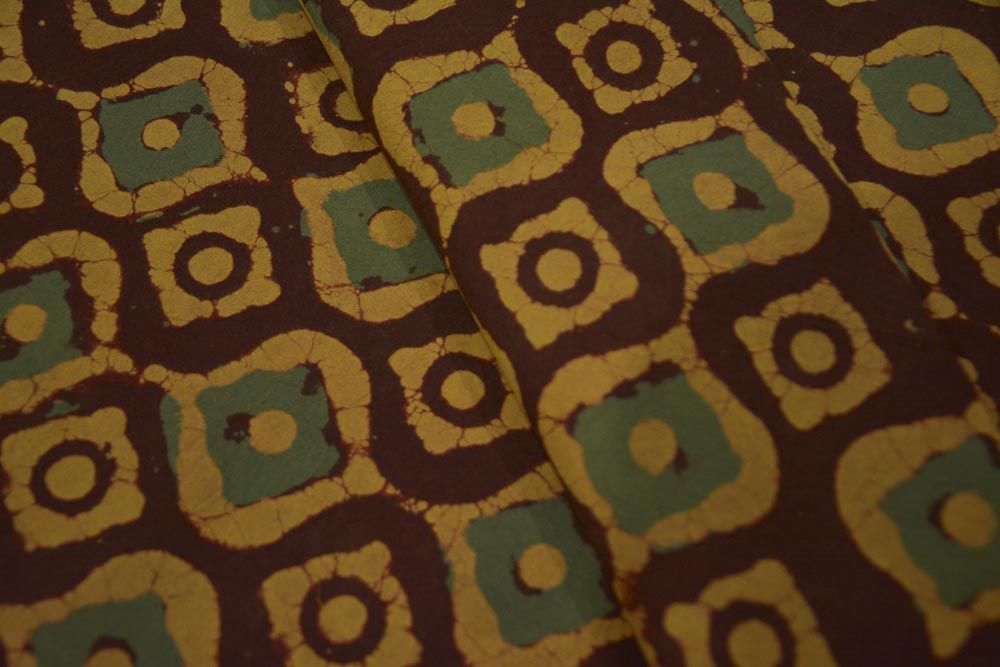 Mustard Brown And Green Ajrakh Hand Block Print Cotton Fabric