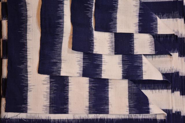 Navy Blue And White Designer Double Ikat Fabric