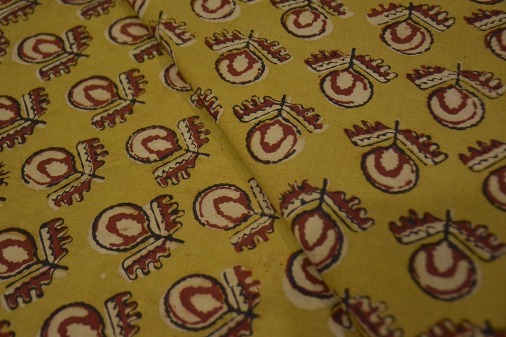 Mustard Floral Ajrakh Hand Block Print Cotton Fabric
