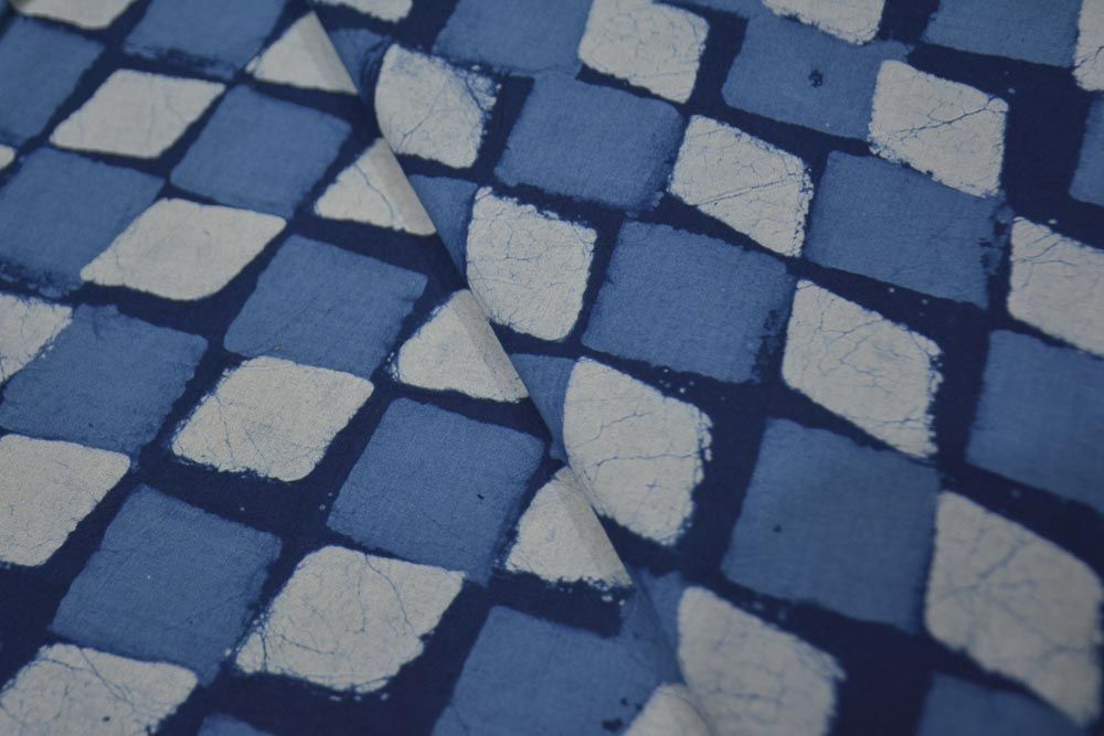 Indigo Checks Hand Block Printed Cotton Fabric 