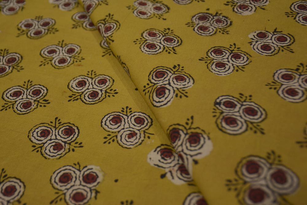 Mustard Floral Ajrakh Hand Block Print Cotton Fabric