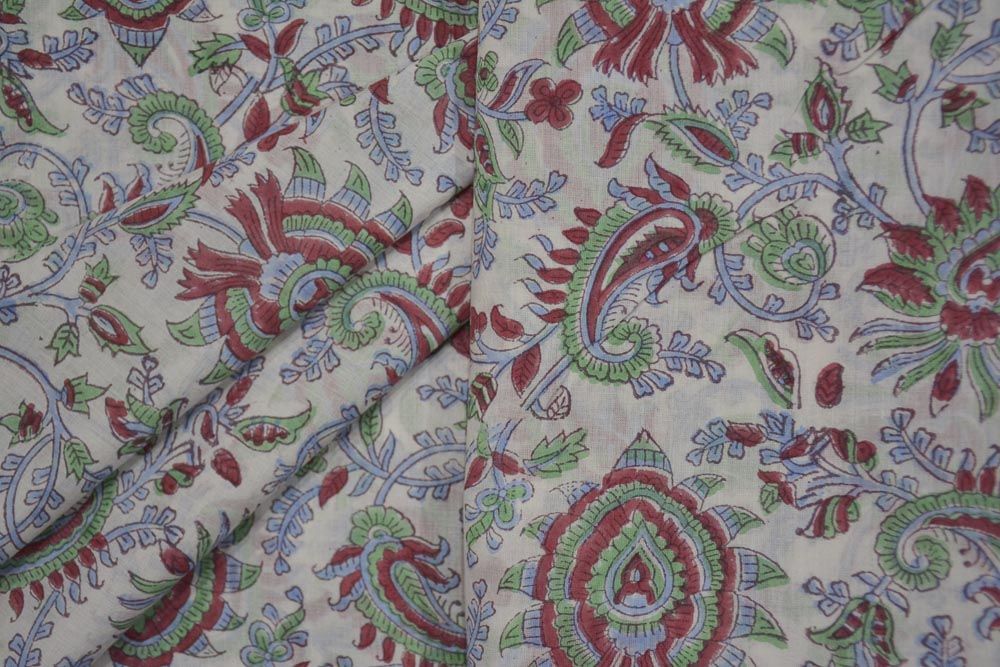 Green And Red Floral Hand Block Printed Mulmul/voil Cotton Fabric 