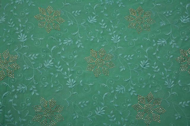 Aqua Green And Golden Floral Embroidery Georgette Fabric