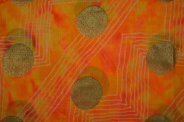 Foil Print Striped Orange Kota Doria Fabric