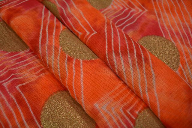 Foil Print Striped Orange Red Kota Doria Fabric