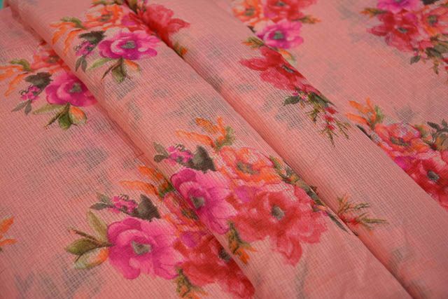 Flamingo Pink Floral Kota Doria Fabric