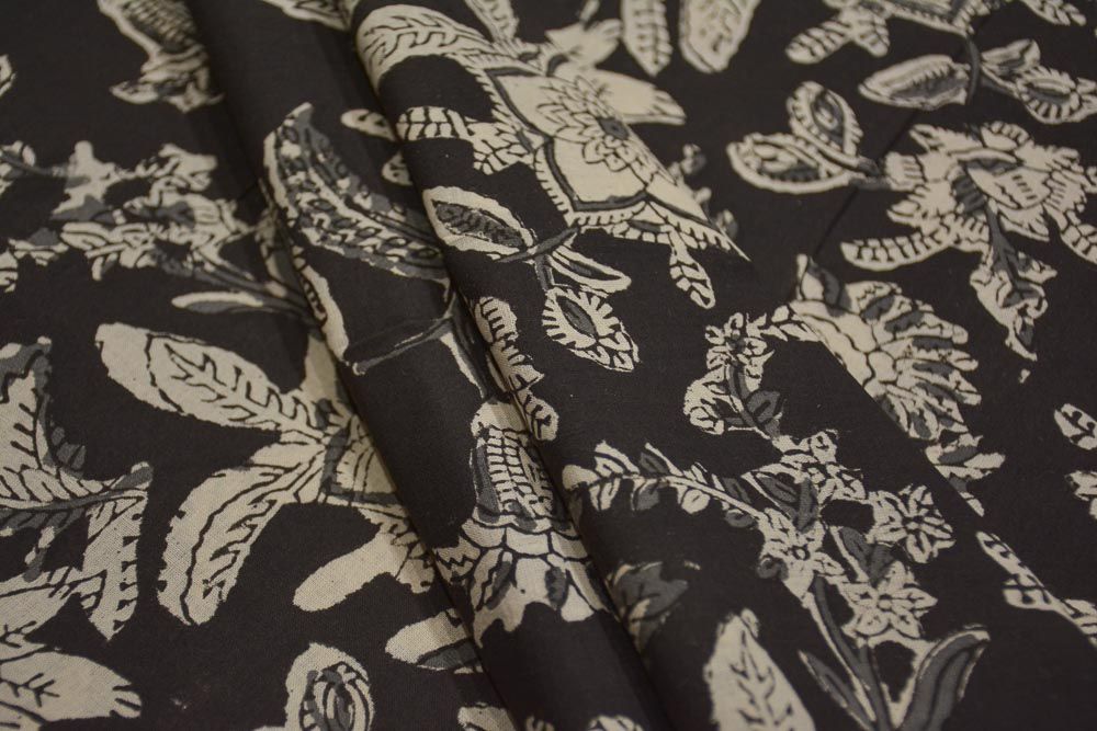Black Bagru Floral Hand Block Print Fabric