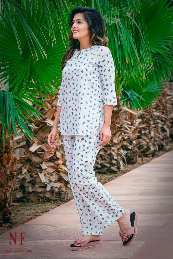 White Blue Floral Block Printed Cotton Night Suit