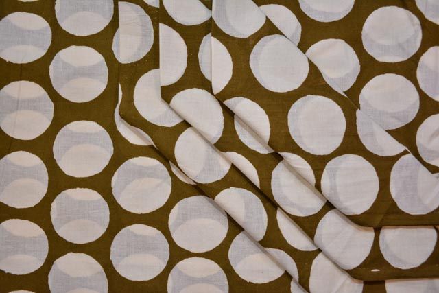 Herbal Green And White Circle Block Print Cotton Fabric