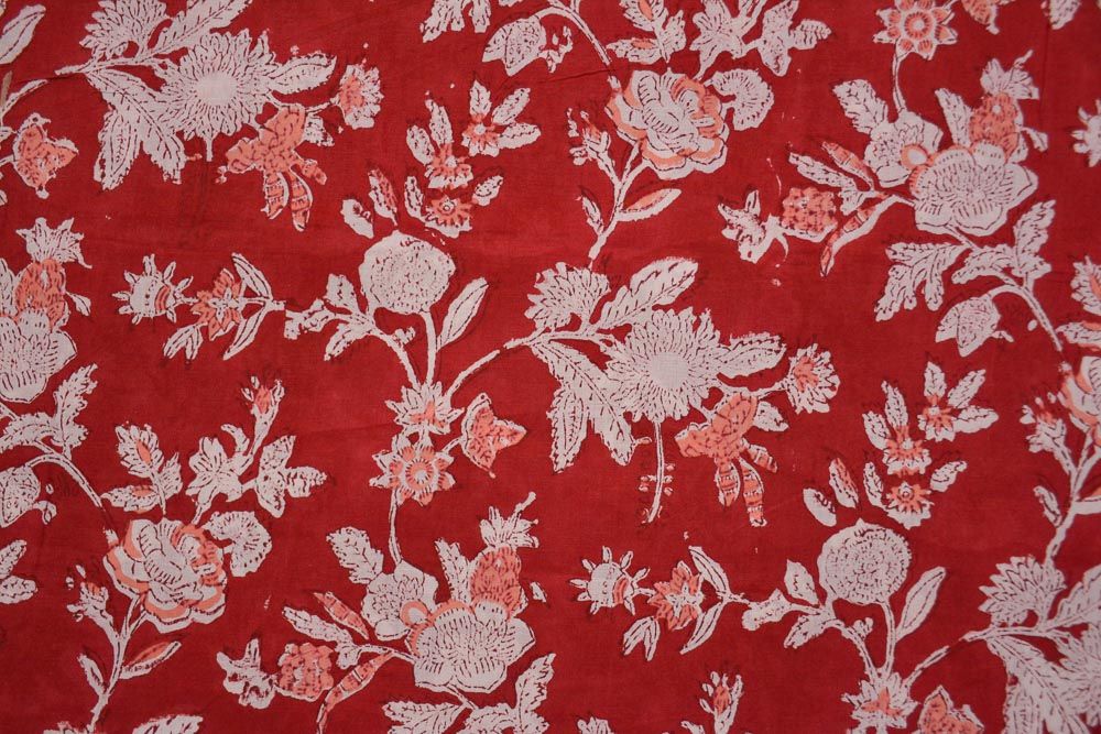 Red Floral Hand Block Printed Cotton Fabric 