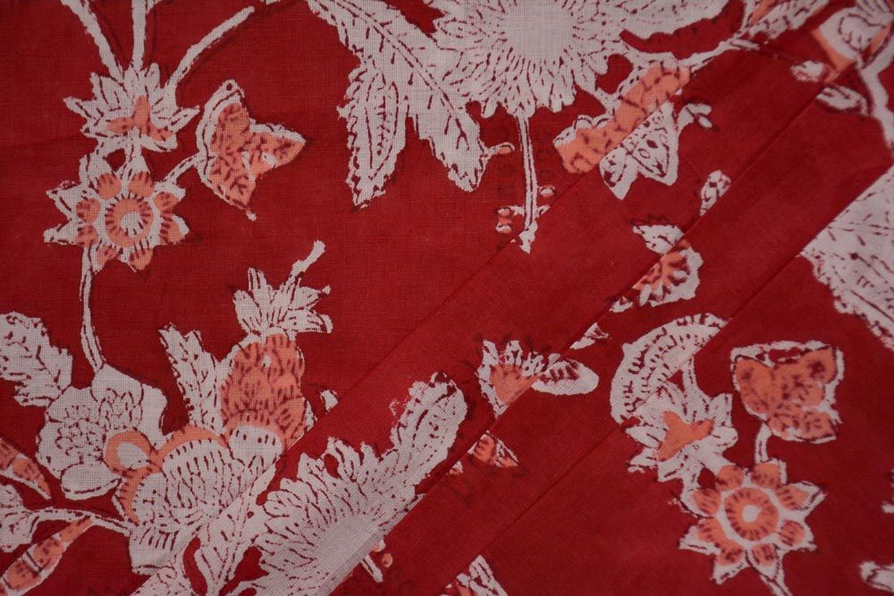 Red Floral Hand Block Printed Cotton Fabric 