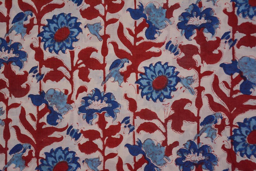 Red Blue Floral Hand Block Printed Cotton Fabric 