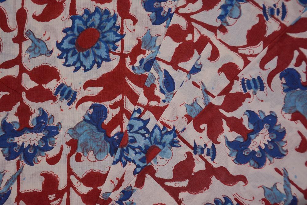 Red Blue Floral Hand Block Printed Cotton Fabric 