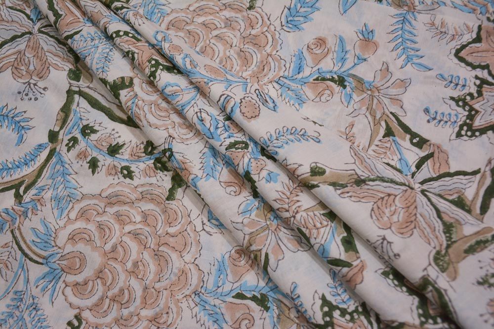 White Floral Mulmul Block Print Fabric 