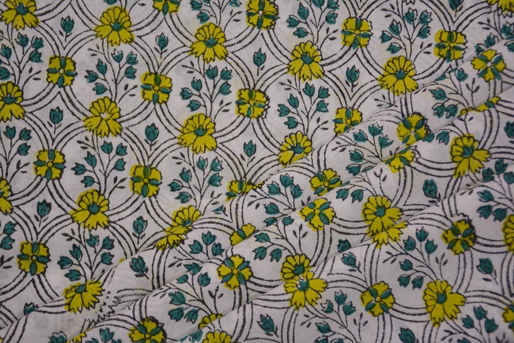 White Floral Hand Block Printed Cotton Fabric 