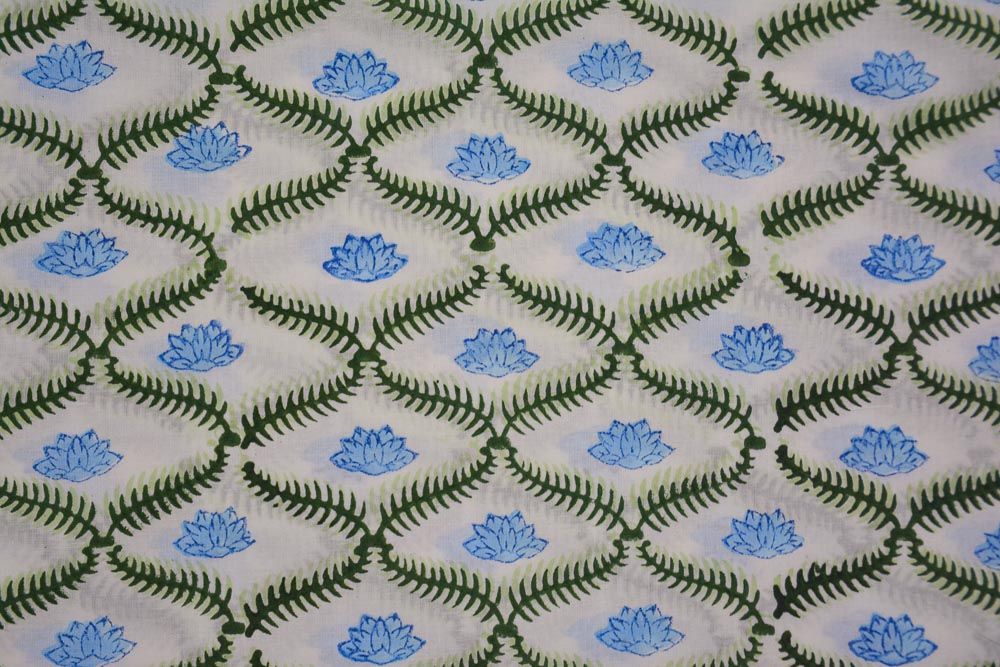 Blue Floral Hand Block Printed Cotton Fabric 