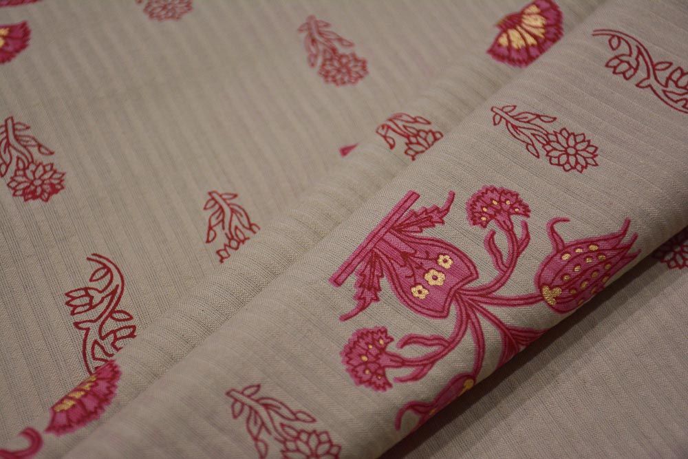 Pink Grey Floral Print Striped Cotton Fabric