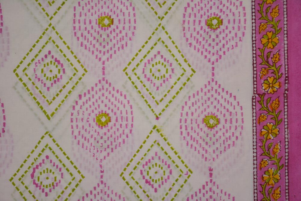 Pink White Green Hand Block Printed Cotton Fabric 