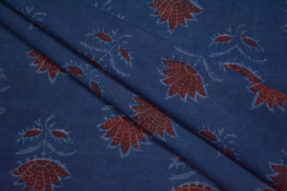 Indigo Ajrakh Hand Block Printed Cotton Fabric