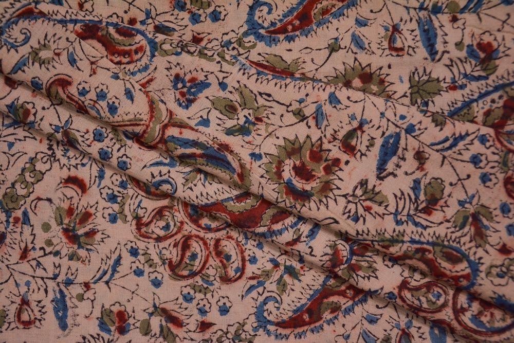 Peach Blue Floral Hand Block Printed Kalamkari Fabric
