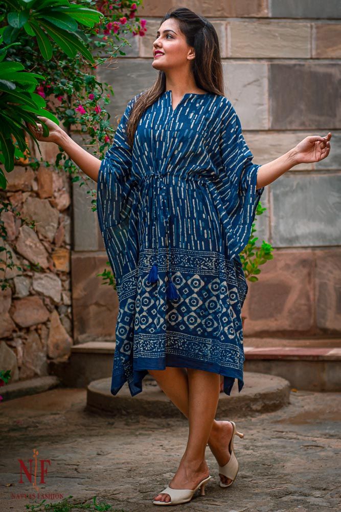 Indigo Block Printed Cotton Kaftan Dress