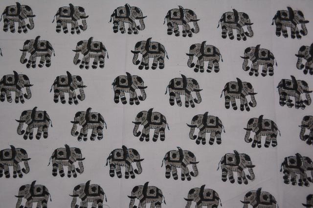 White And Grey Elephant Block Printed Cotton Fabric