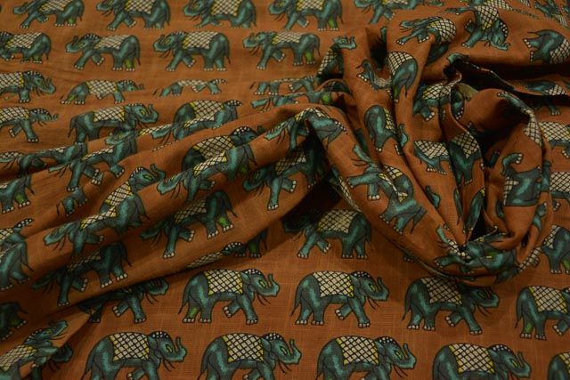 Brown And Green Elephant Print Indian Slub Cotton Fabric