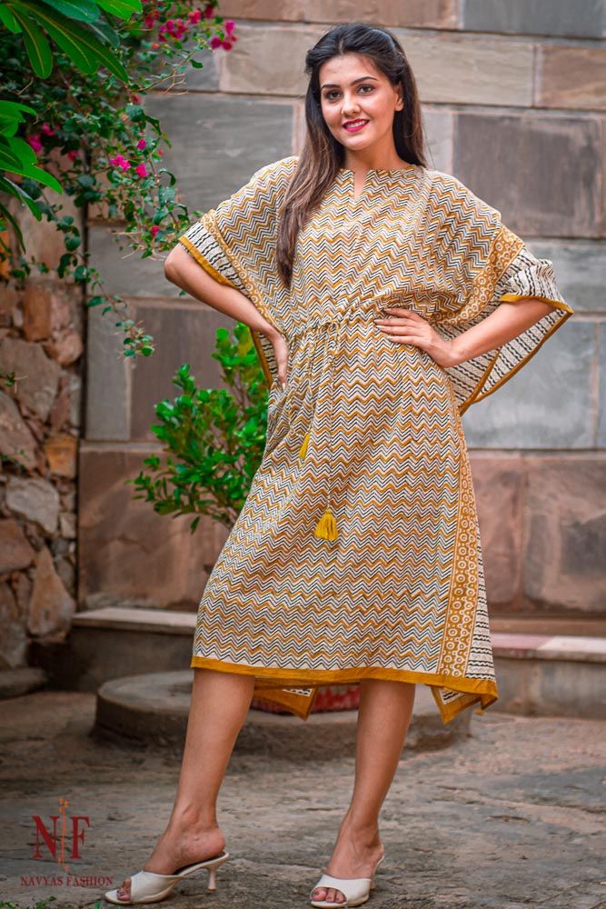 Yellow Block Printed Cotton Kaftan Dress