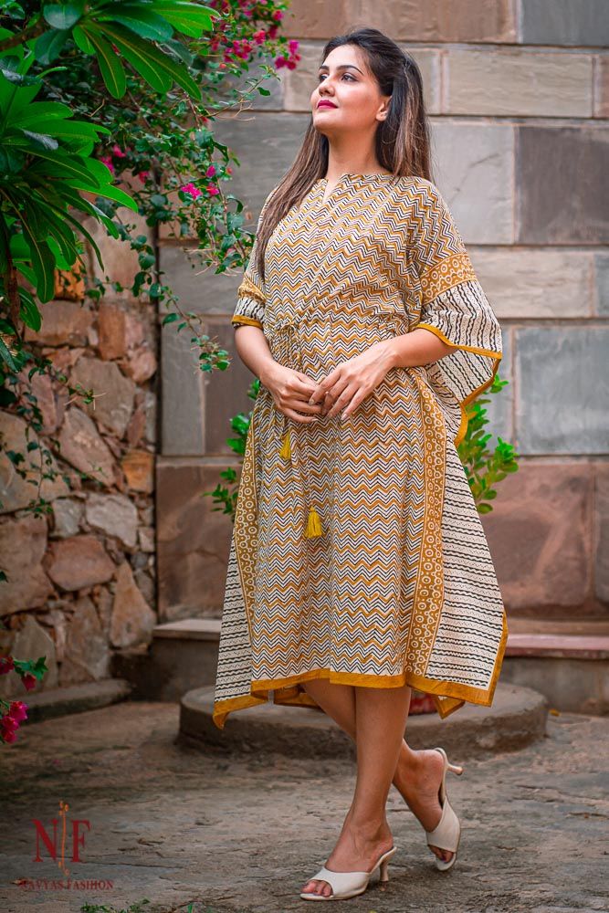 Yellow Block Printed Cotton Kaftan Dress