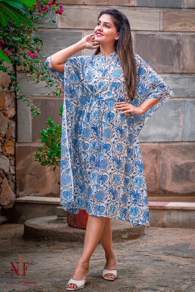 Blue Floral Hand Block Print Kaftan Dress