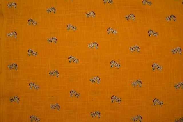 Yellow  Bird Print Indian Slub Cotton Fabric
