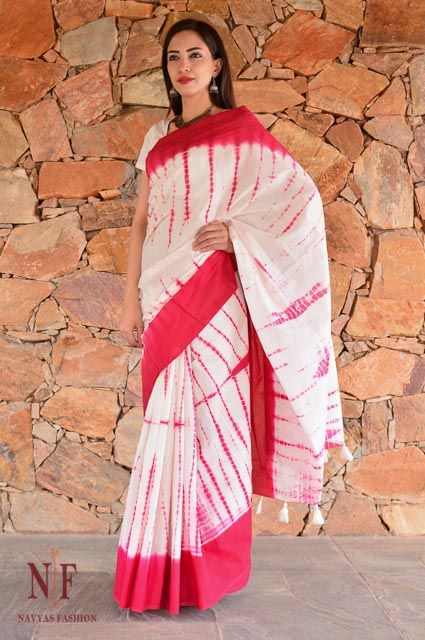 Pink And White Shibori Block Printed Cotton Sarees