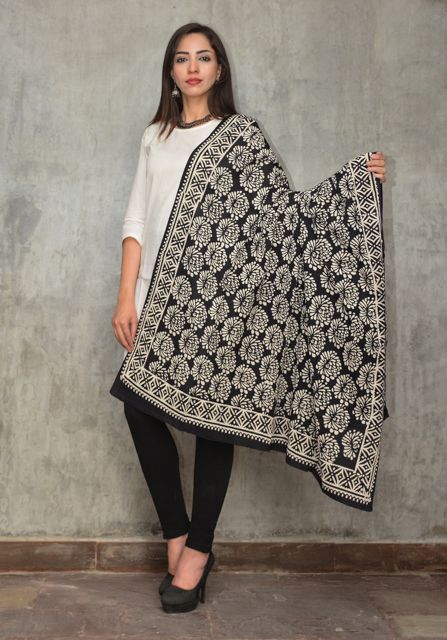 Black And White Block Printed Cotton Scarf
