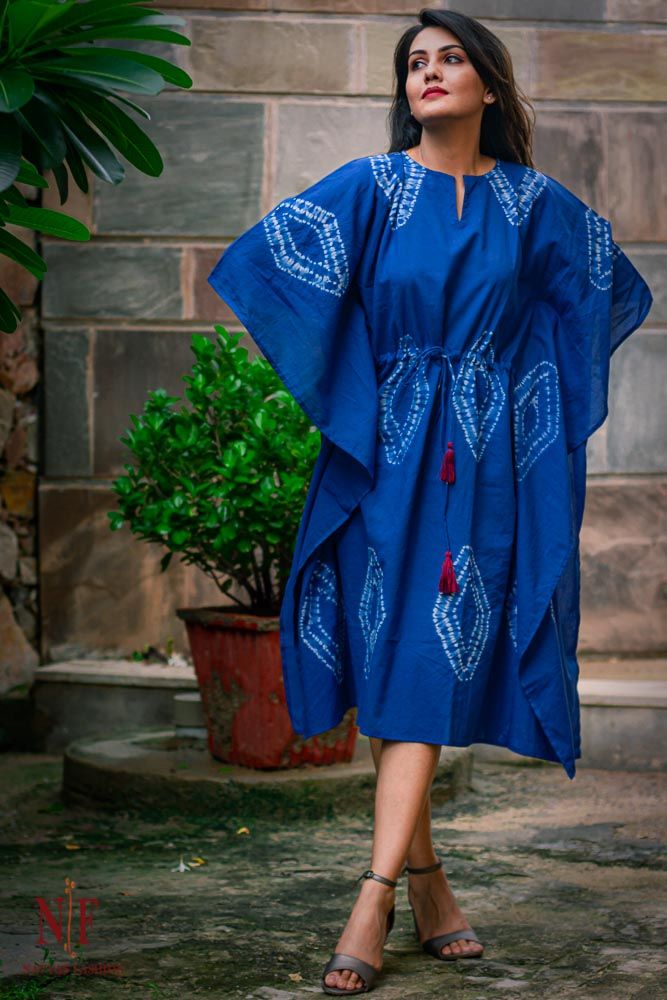 Shibori Blue Cotton Kaftan Dress