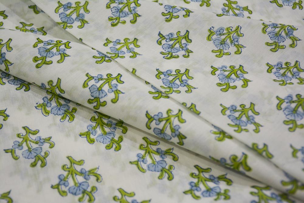 Green Blue Floral Hand Block Print Cotton Fabric