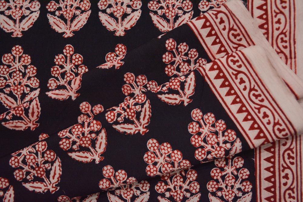 Black Floral Bagh Print Cotton Fabric