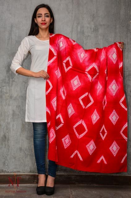 Red And White Shibori Block Printed Cotton Dupatta