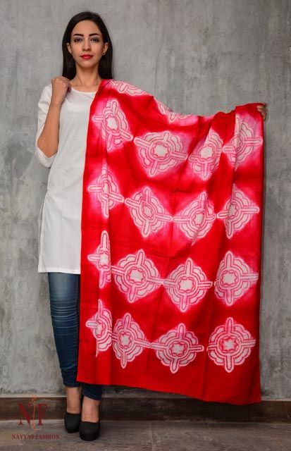 Red And White Shibori Block Printed Cotton Dupatta