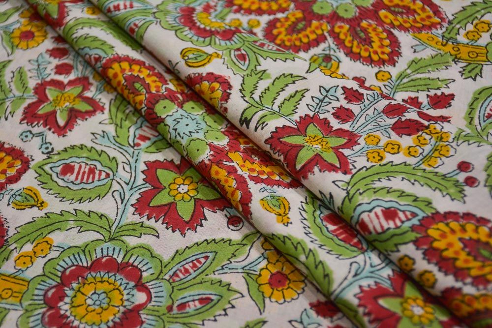 Red Floral Block Printed Cotton Fabric