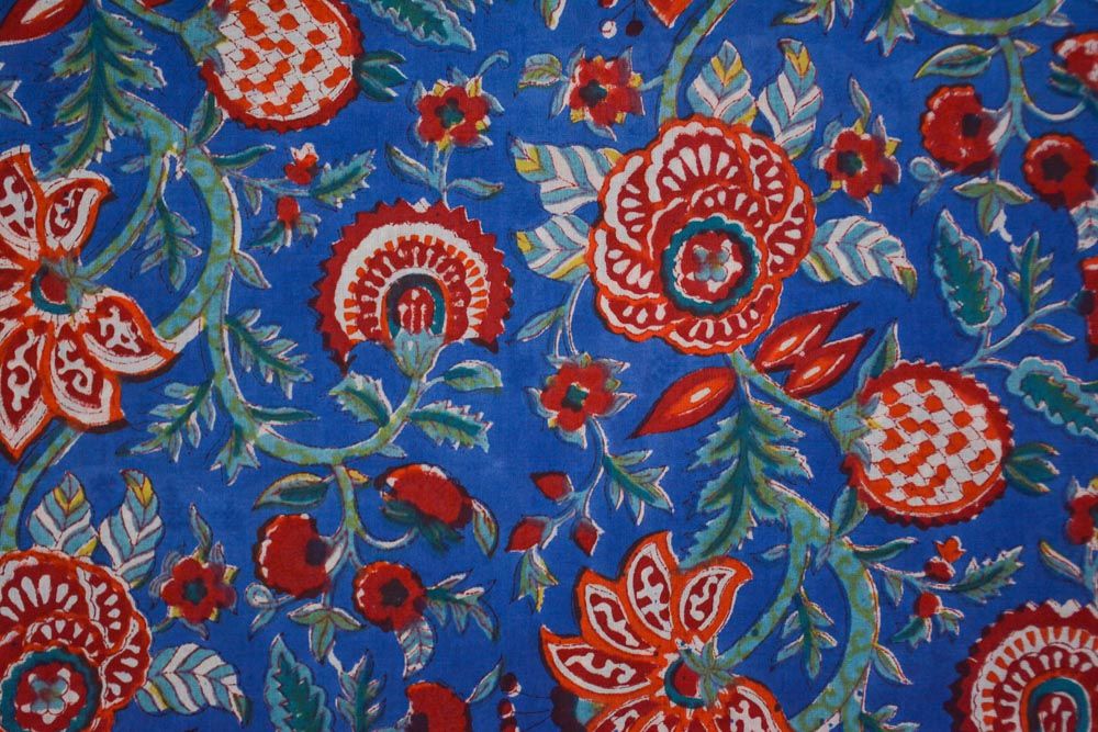 Red Blue Block Printed Cotton Fabric