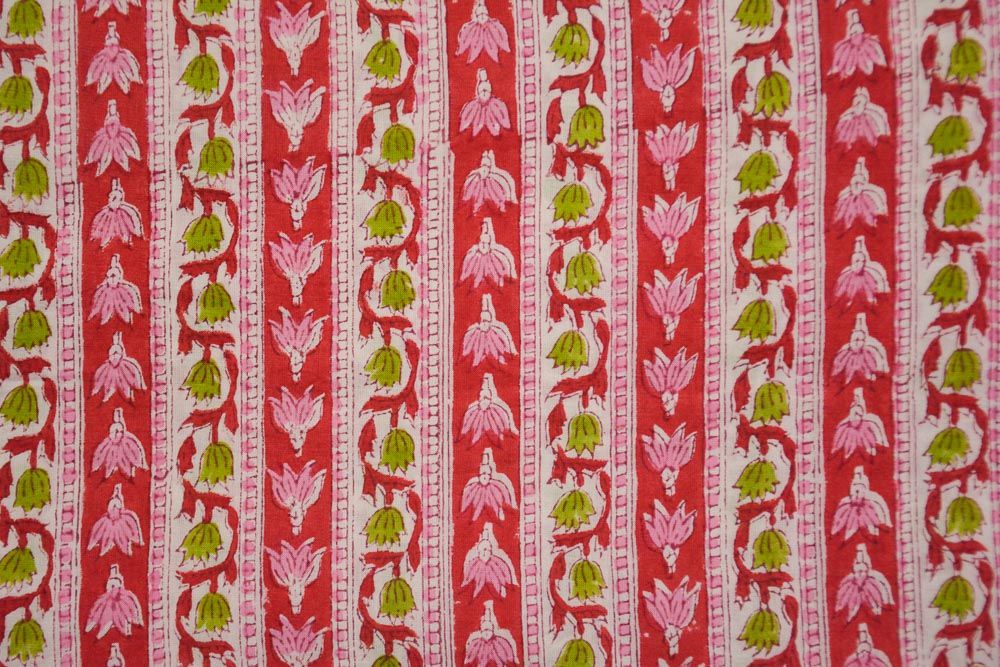 Striped Floral Cotton Hand Block Printed Fabric